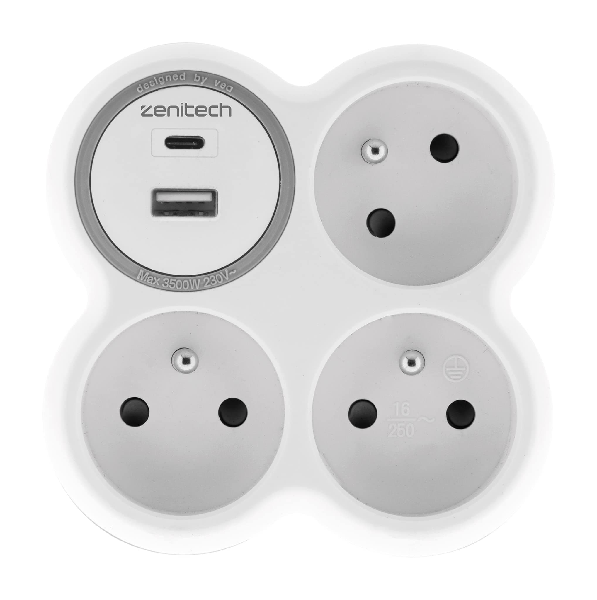 prise de courant 3x16A 2 ports USB blanc et gris - BoleaZenitech