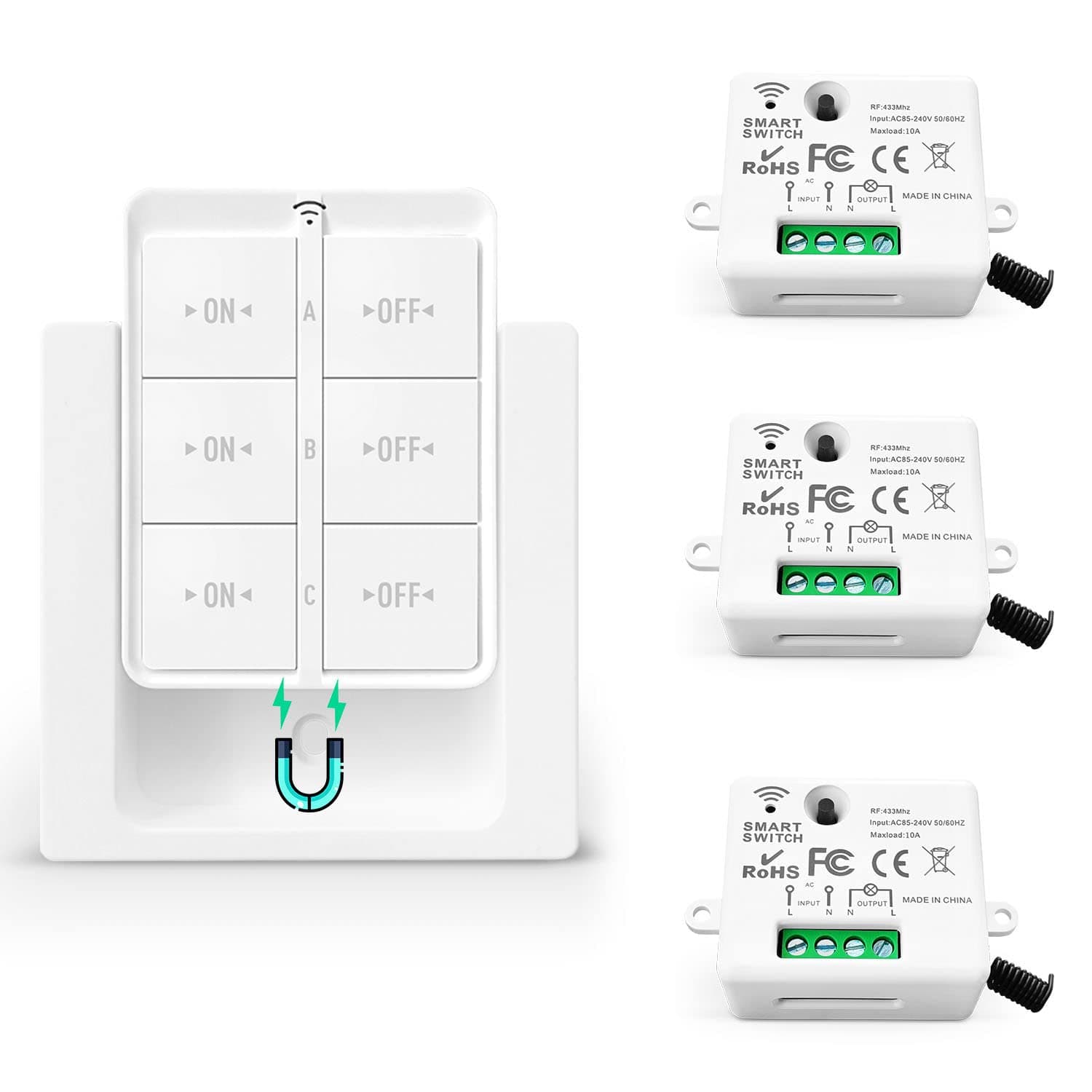 Tedeligo Interrupteur Sans Fil Va Et Vient 433 MHz Kit - Contrôle à Distance 150 Mètres - 2200 Watts (1 Emetteur 3 Récep