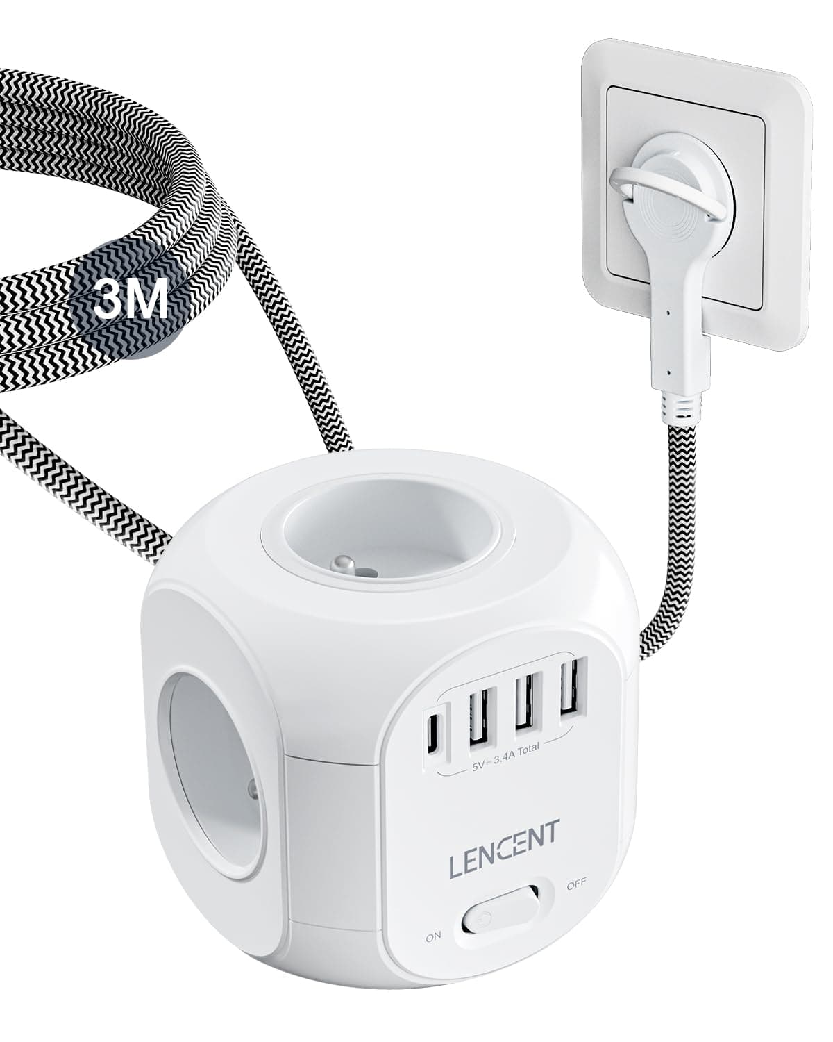 Multiprise Lenovo avec Interrupteur Parafoudre 4 Prises 3USB Type C, Bureau et Maison Tressé Câble 3M
