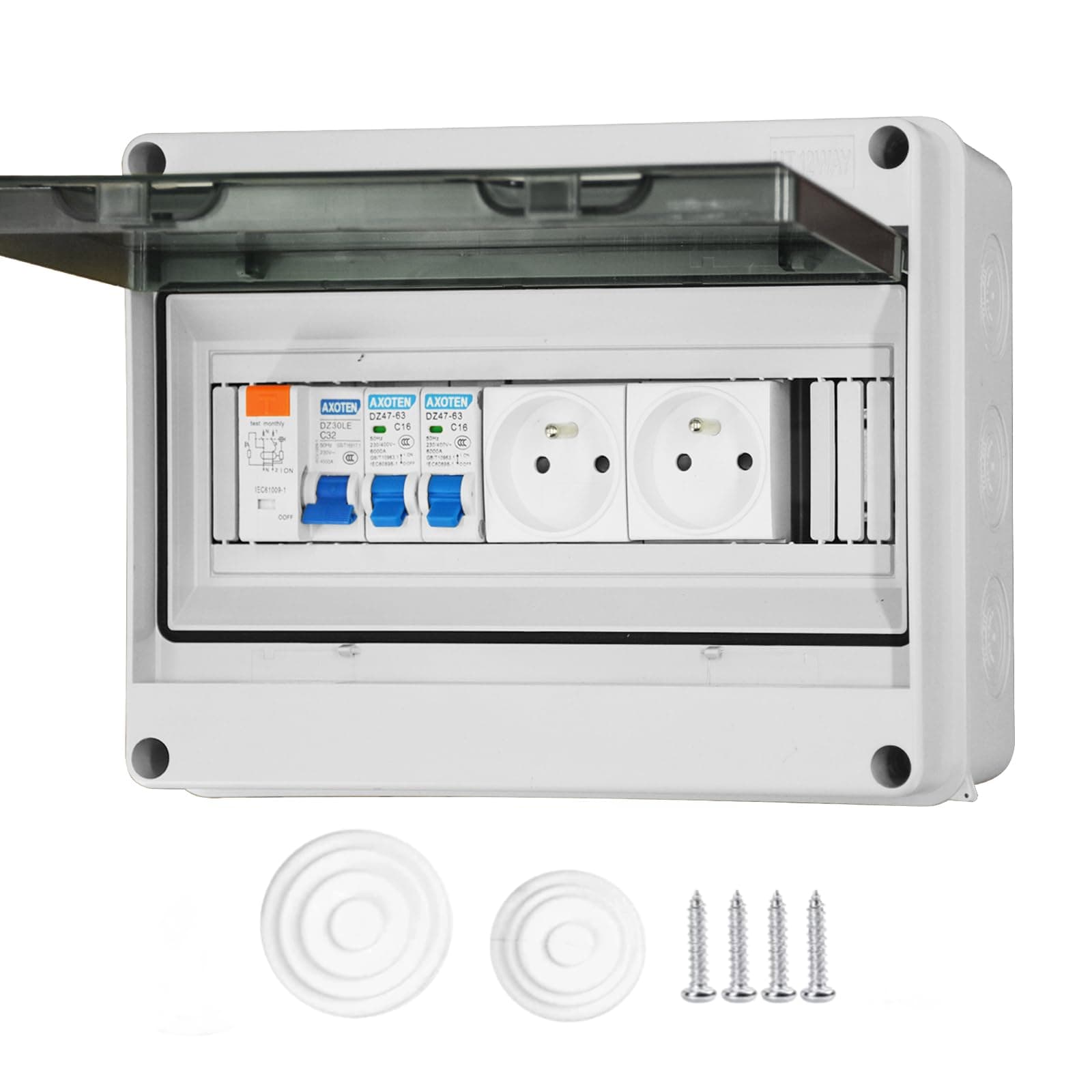 Boîte à fusibles en saillie IP65 Étanche 16A 2P+T Électrique Sécurité Extérieur 2 Prises Modulaires DZ 30mA AC Interrupt