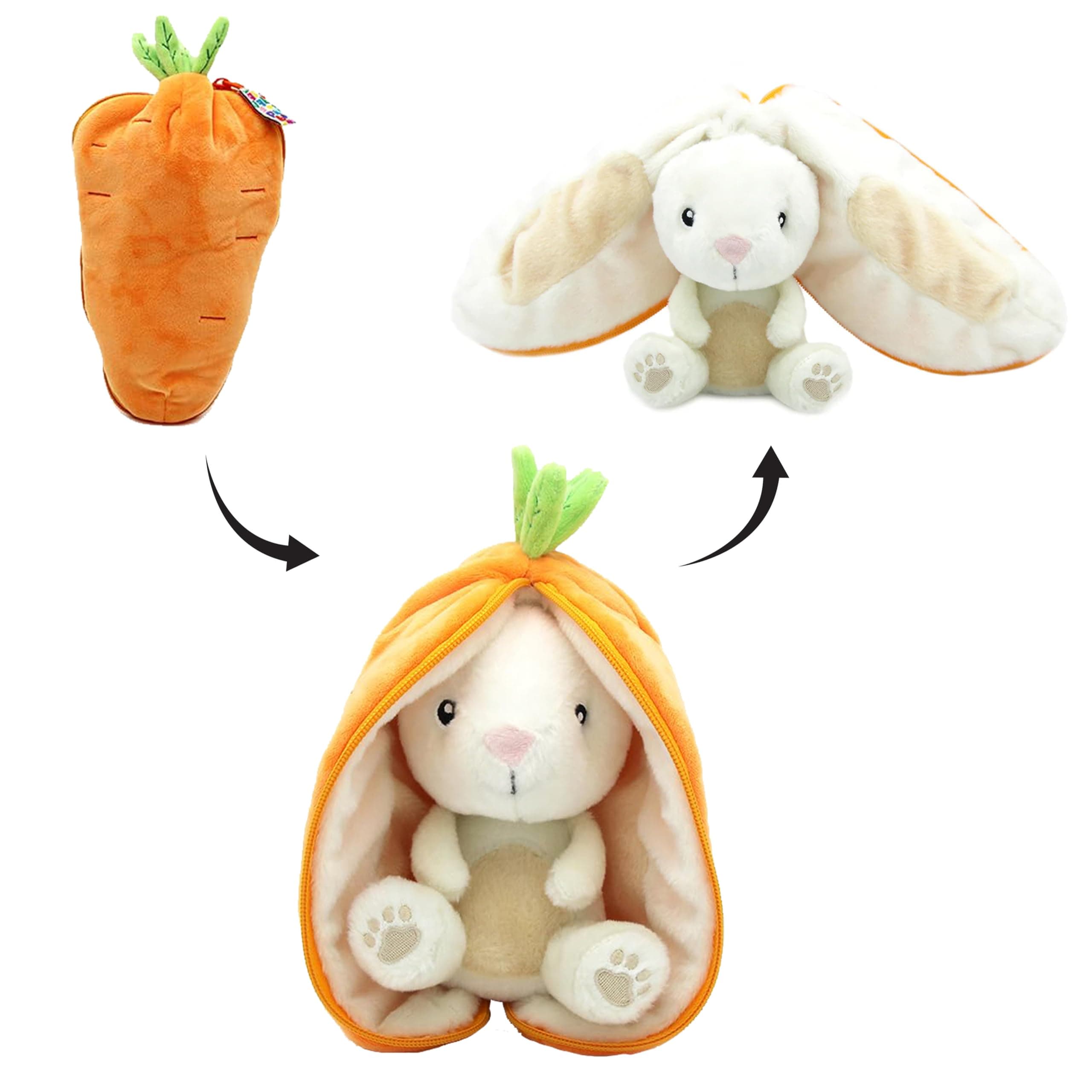 FLIPETZ Les DÉGLINGOS Doudou Gadget Le Lapin/Carotte - Doux et réversible - Idéal pour les bébés - Naissance, Orange et