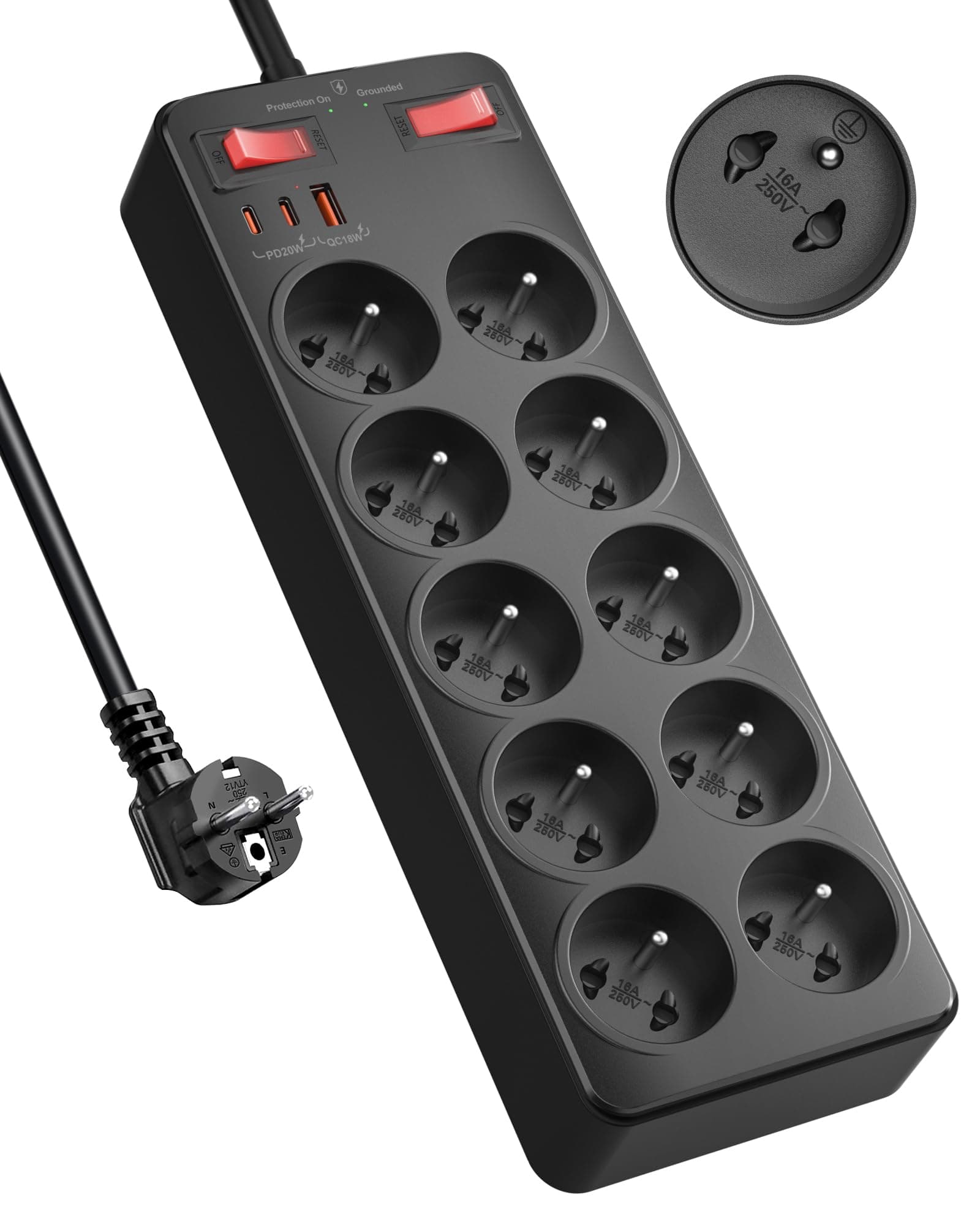 Multiprise with Switch 10 French SocketsWith Earth 16A 2P+T, Rapid Charge Block PD20W 2100J Lightning and Overvoltage Pr