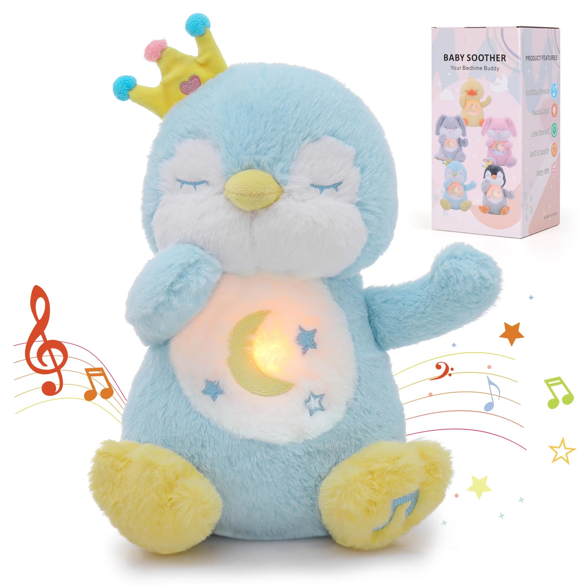 Edencomer Peluche Réglable Qui Respire - Veilleuse Bébé Musicale Lumineuse pour Fille/Garçon Nouveau-Né (Pingouin Bleu)