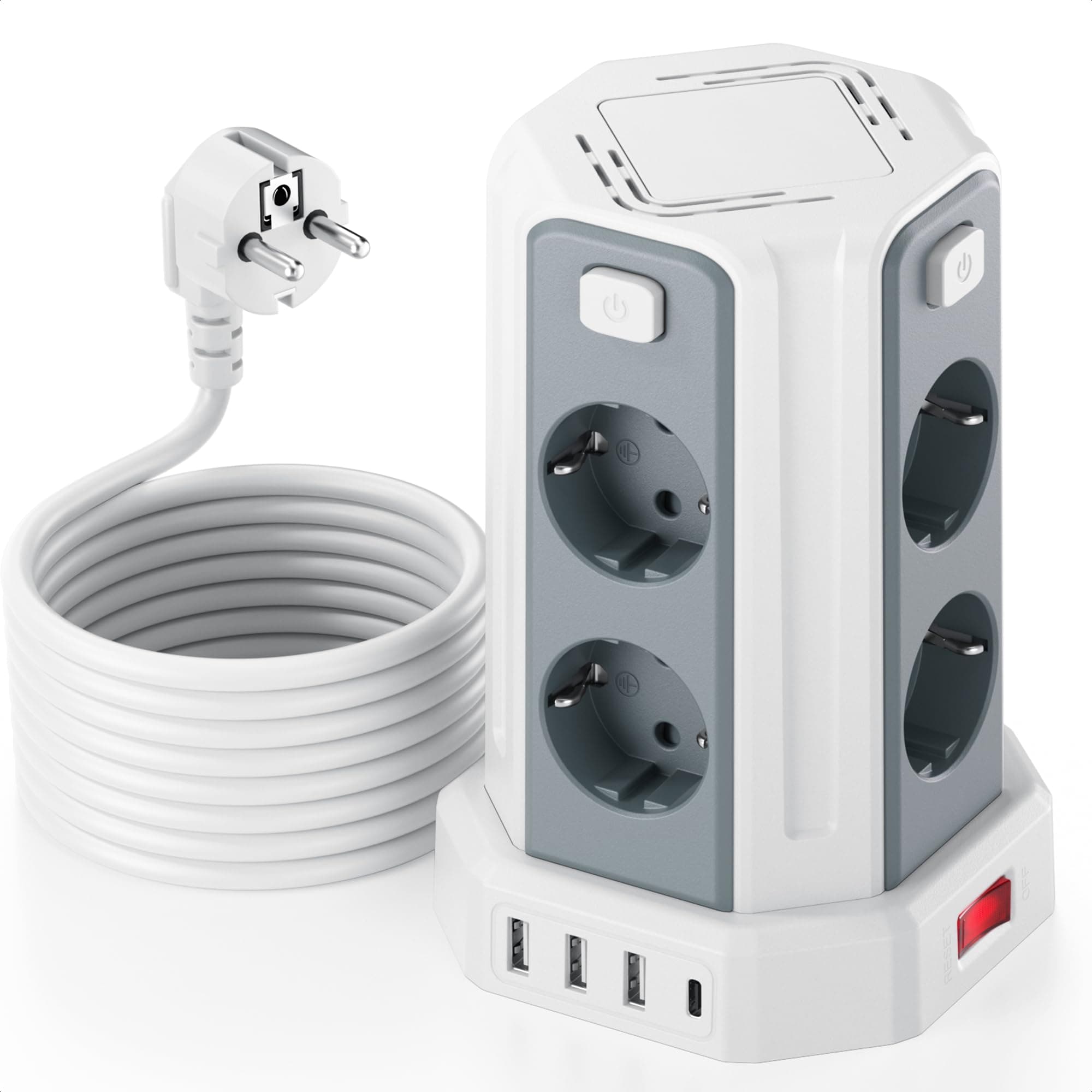 Multiprise Parafoudre et Surtension Tour Multiprise 8 Sorties AC 4 Ports USB Blanc Convient pour Maison et Bureau