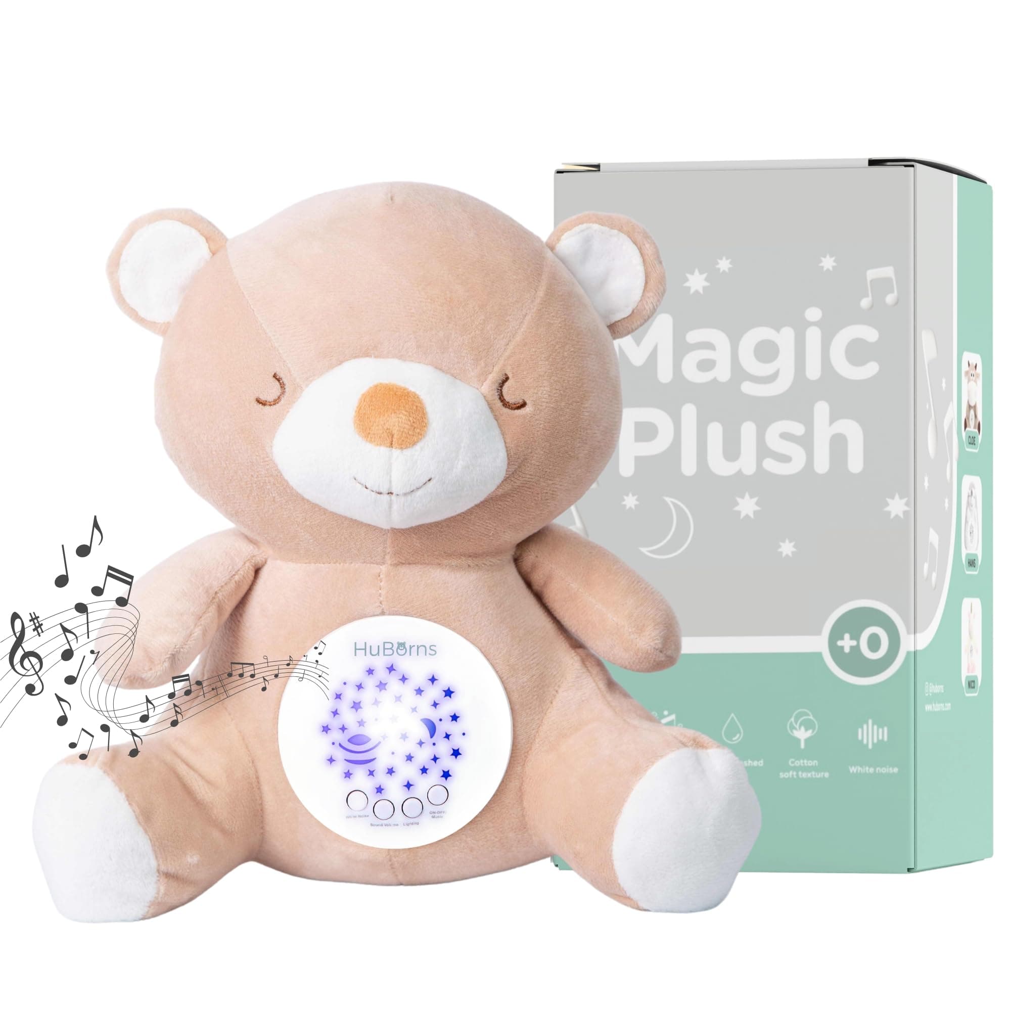 Peluche Bruit Blanc HuBorns Bébé et Veilleuse Musicale, Jouet Projecteur Berceuse Dormir 15 Chansons, Cadeau Naissance O