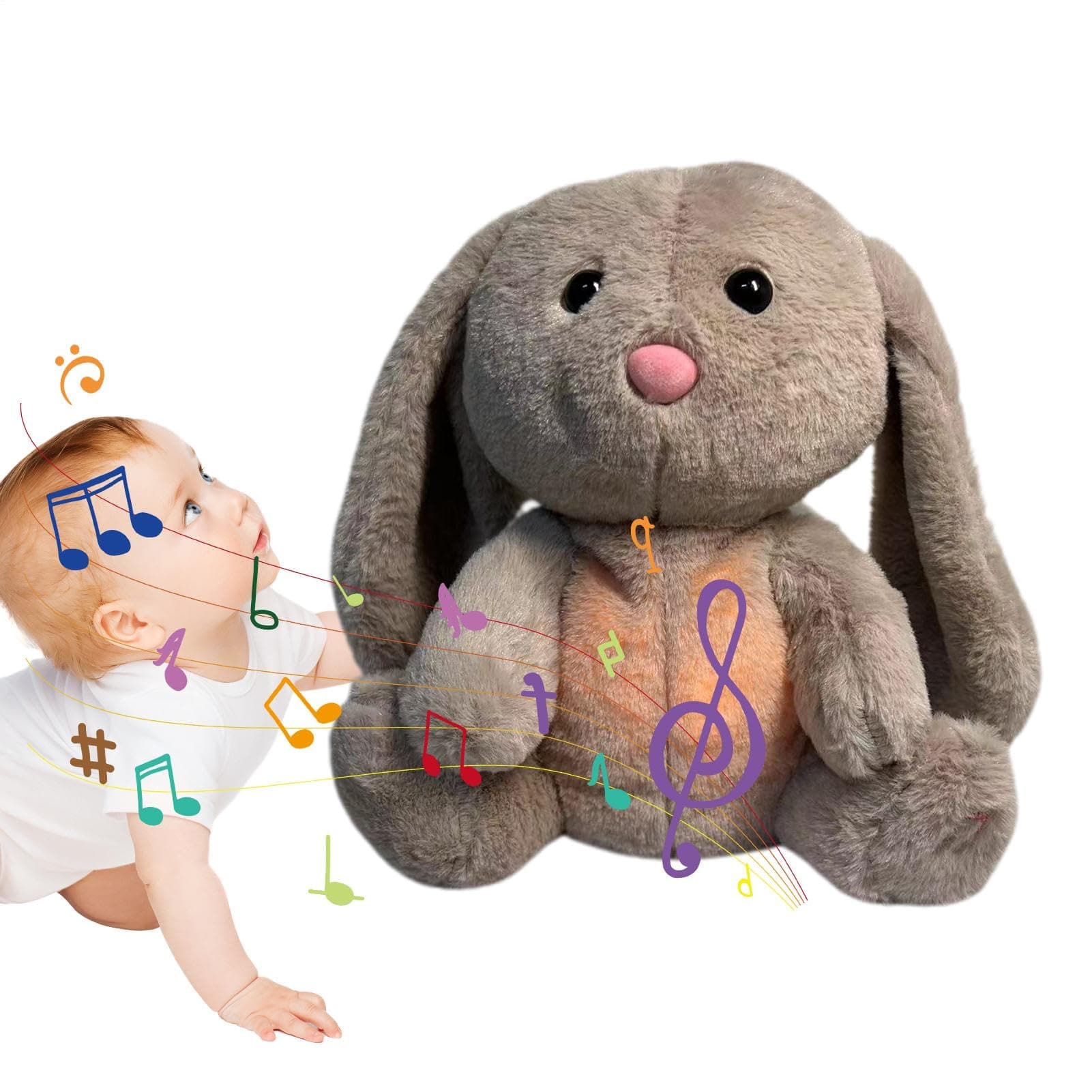 Peluche Lapin Qui Respires pour Réduction de Stress, Peluche De Lapin Avec Musique et Battement De Coeur, Peluche Qui RE