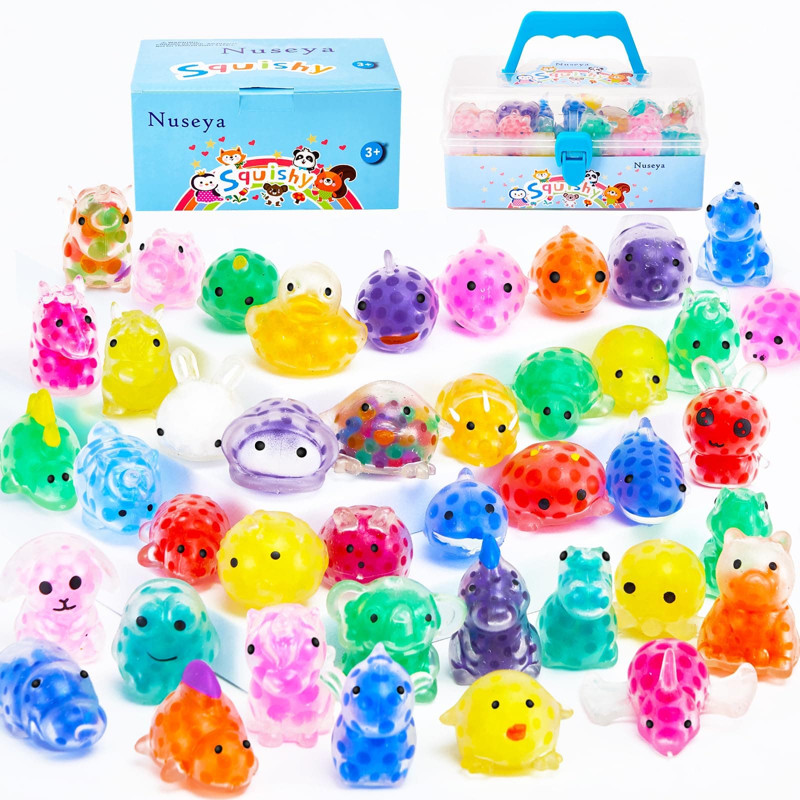 Nuseya 42 PCS Kids Anti-Stress Squishy Animal Squeeze Toys - Mini Kawaii Party Favor with Storage Box, Perfect Gift for