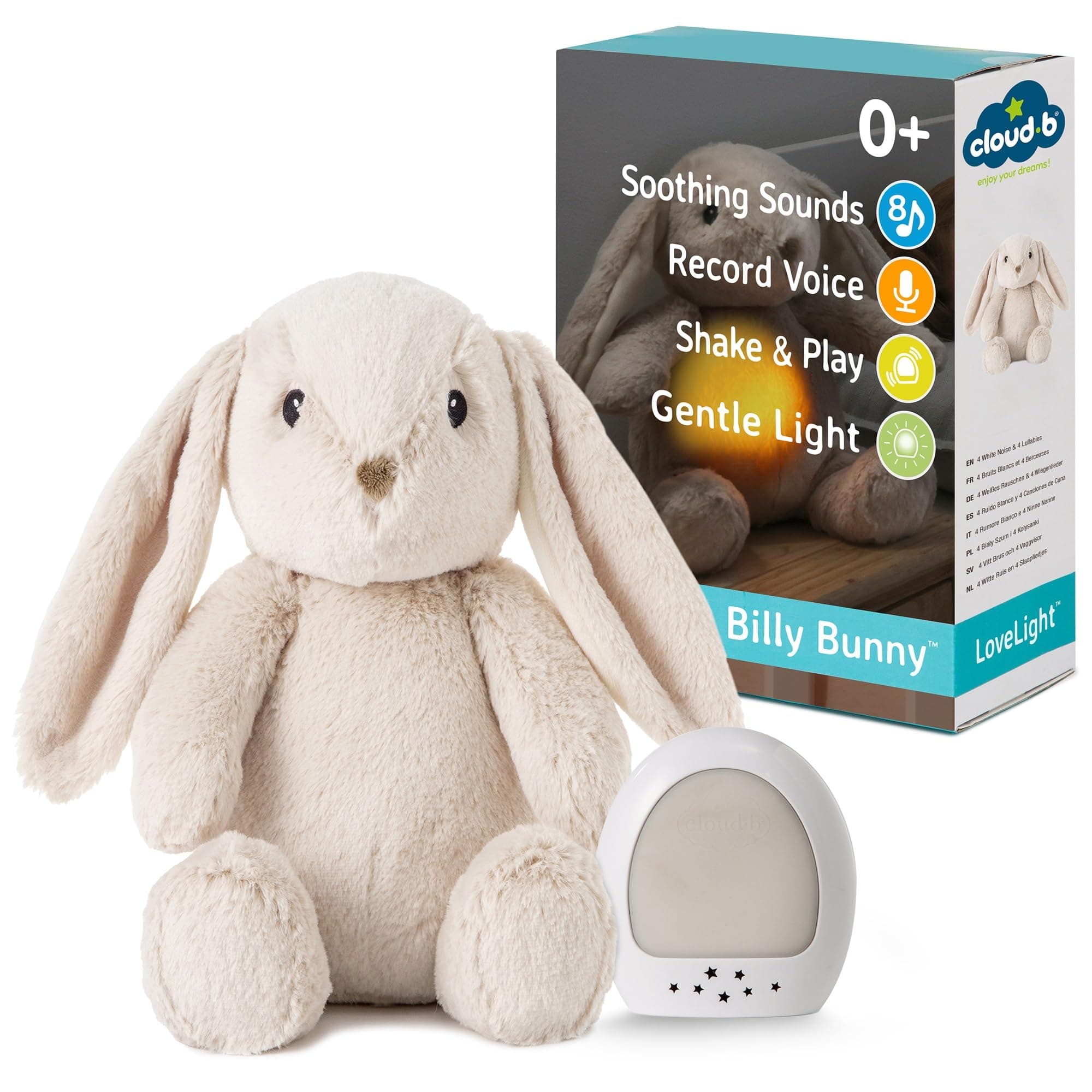 Cloud b peluche musicale Billy le Lapin avec veilleuse & recharge USB-C | Bruit blanc & enregistrement vocal | Pour bébé