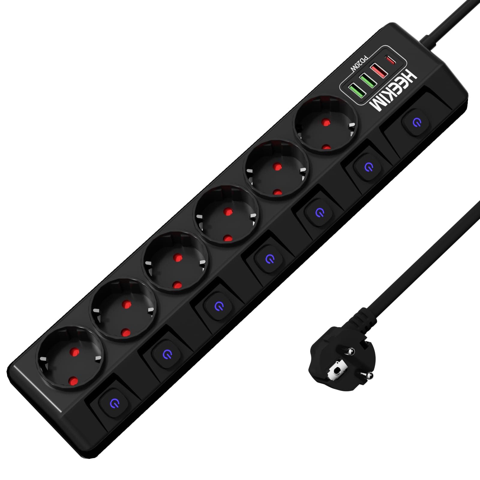 Multiprise 6 prises 7 interrupteurs 3 ports USB-A 1 port USB-C protection enfant maison bureau (4000W/16A) (cordon de 2m