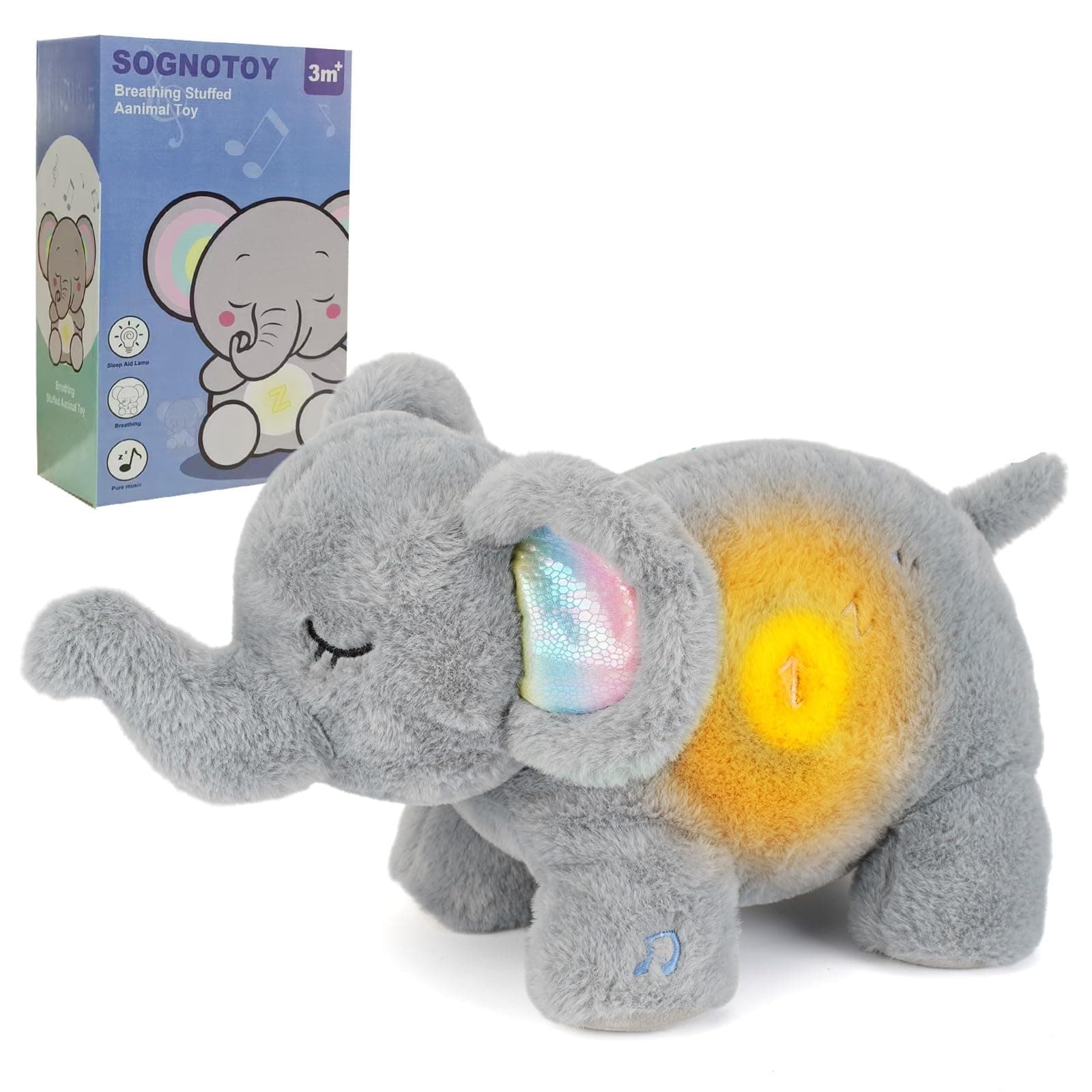 Peluche qui respire Faune Relaxant pour bébé, Veilleuse élec. musicale et lumineuse Les éléphants endormis, Cadeau naiss